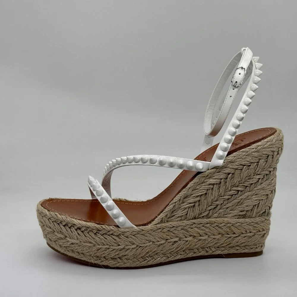 Christian Louboutin White Studded Espadrille Wedge Sandals
